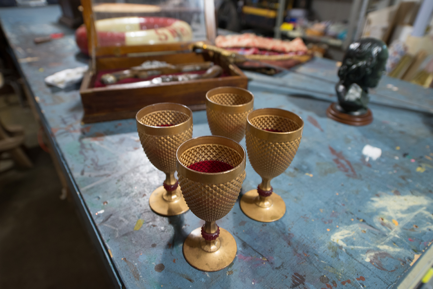 Goblets are a go-to prop for anything Shakespeare, and thus are a favorite for ISF productions. Burge said that opaque goblets are preferred so that it’s easier for actors to pretend they are filled with something other than water. Cheers!