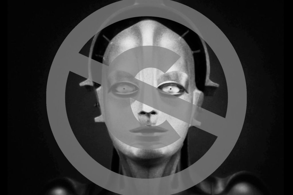 A black and white image still from the film Metropolis.