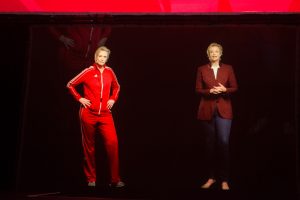Jane Lynch '82 appeared as a hologram on stage alongside a hologram version "Sue Sylvester," Lynch's character from Glee.